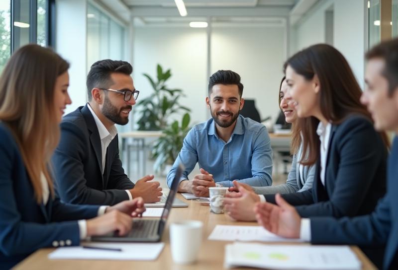 Members of the Capital Digital México team are shown collaborating and discussing a project in a professional office setting.
