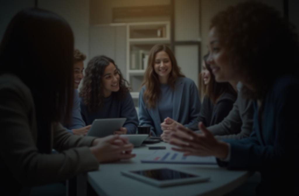 A group of diverse people are actively engaging in a discussion about digital finance around a table with laptops and tablets.